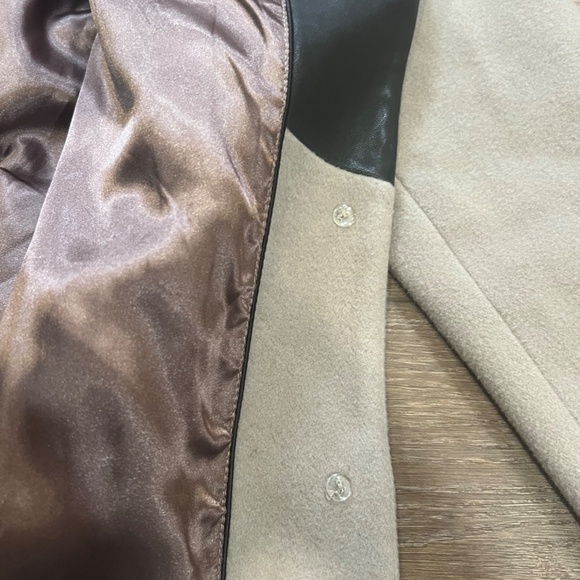 Badgley Mischa Wool Dress Coat Mixed Media Lace Leather Accents Sz S Taupe/Black - Picture 9 of 16